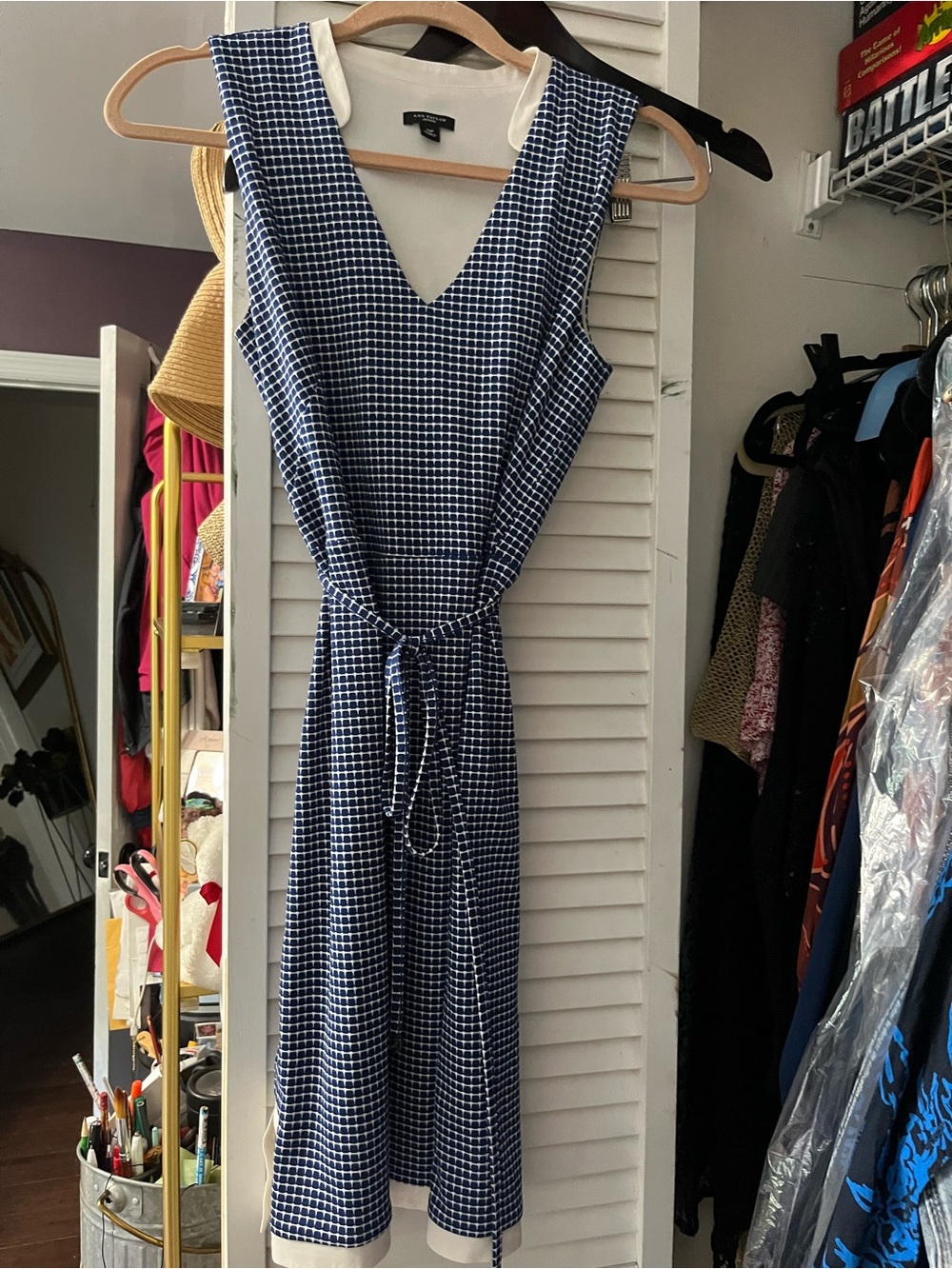 Ann Taylor Navy and White Check V-Neck Midi Dress with Waist Tie